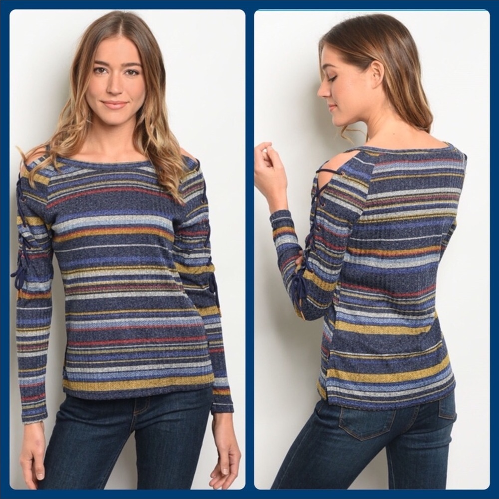Blue Striped Open Long Sleeve Top